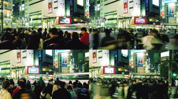 晚上，一群人走过东京的十字路口，时间流逝4k向右平移