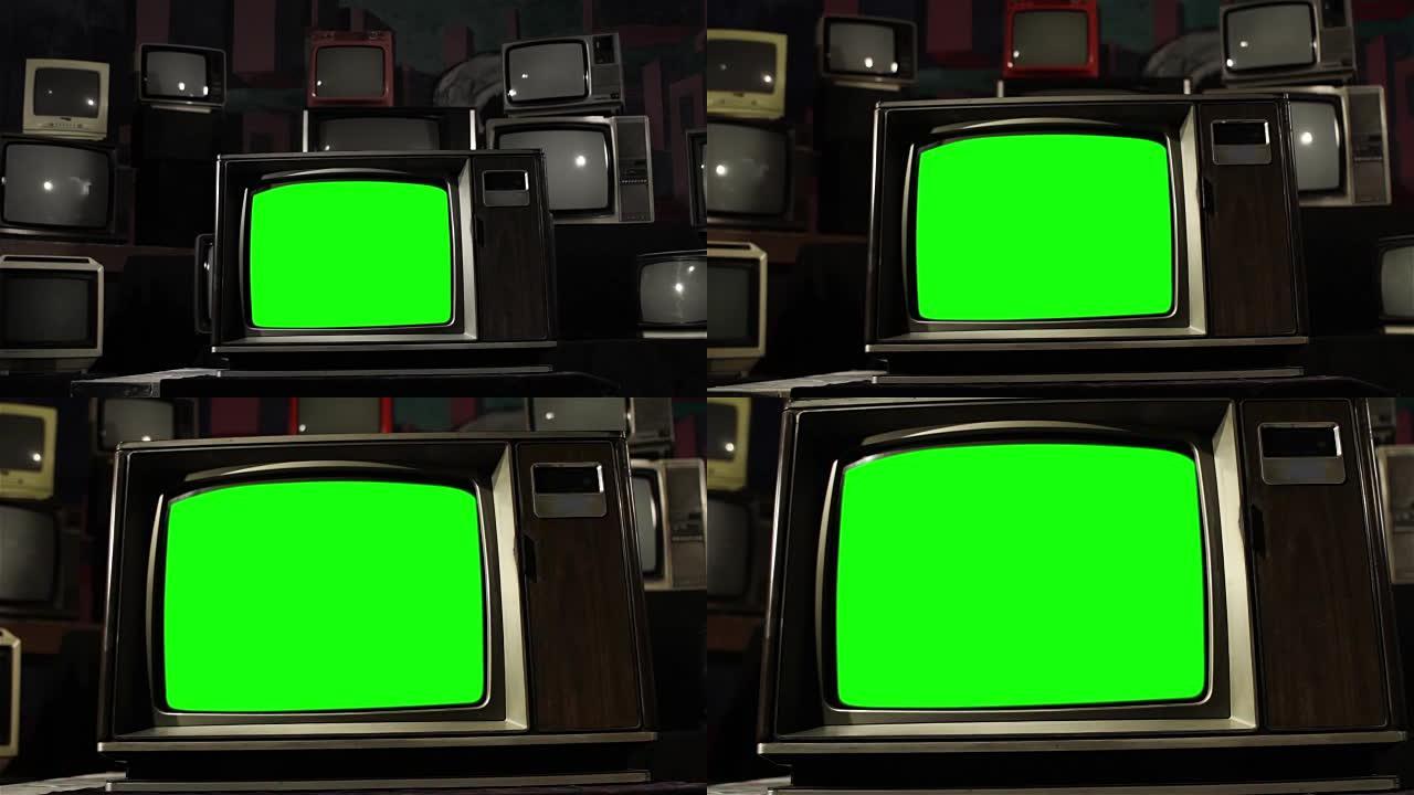 1980年代电视绿屏与许多旧电视。