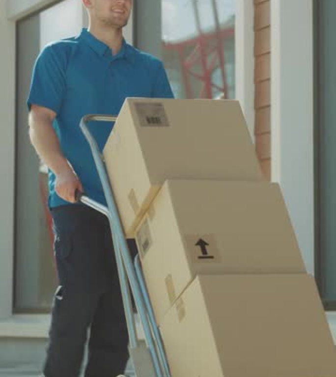 快乐的年轻送货员推着装满纸箱和包裹的手推车送货。专业快递员高效快捷地工作。垂直屏幕方向视频9:16