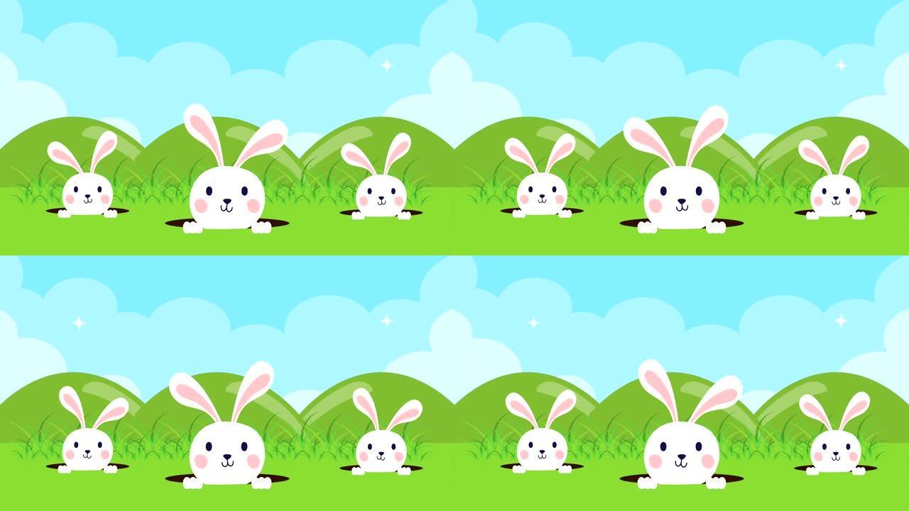 快乐复活节动画卡与兔子在营地