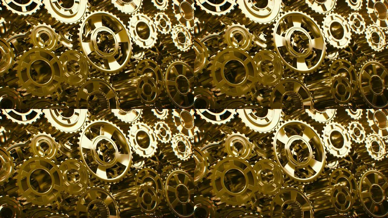 美丽的金色齿轮墙无缝旋转。美丽的循环3d动画。抽象的工作过程。团队合作商业和技术理念。