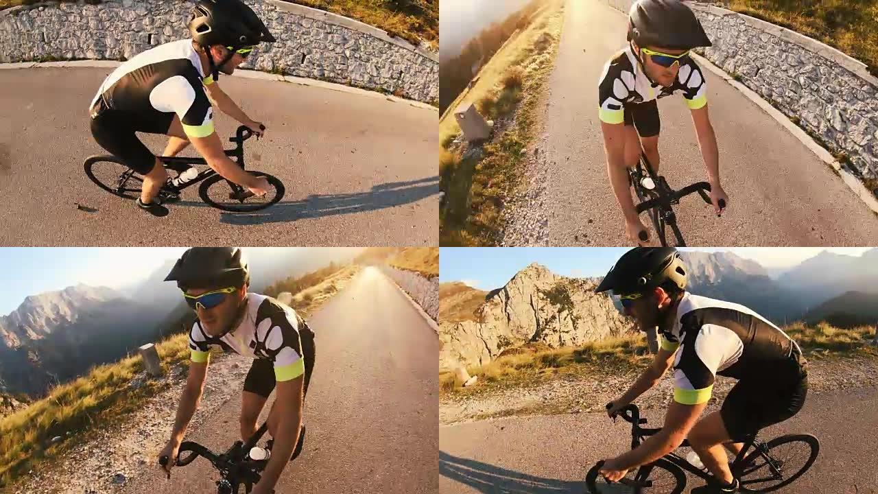 男性骑自行车的人在山路上骑自行车，被阳光照亮