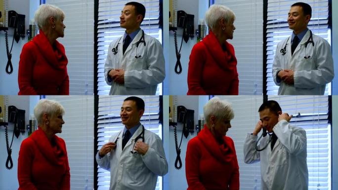 年轻的亚洲男医生在诊所用听诊器检查一名老年患者4k