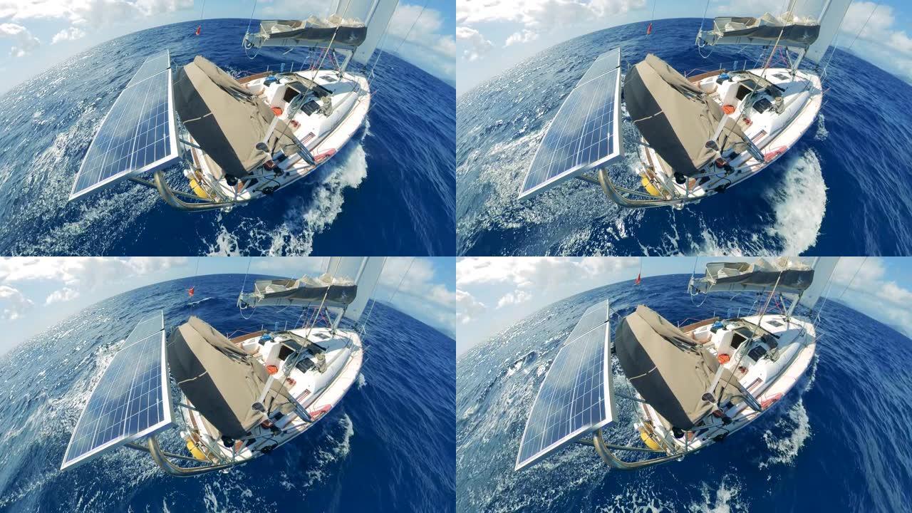 用太阳能电池安装帆船的海水