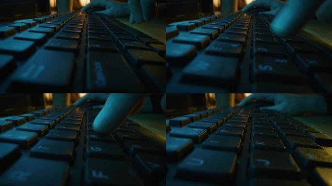 特写移动微距拍摄: 人在电脑键盘上打字，按回车键完成。工作，写电子邮件，使用互联网。深色和蓝色