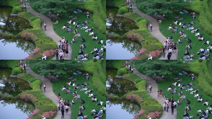 日本人周末在公园草地上放松