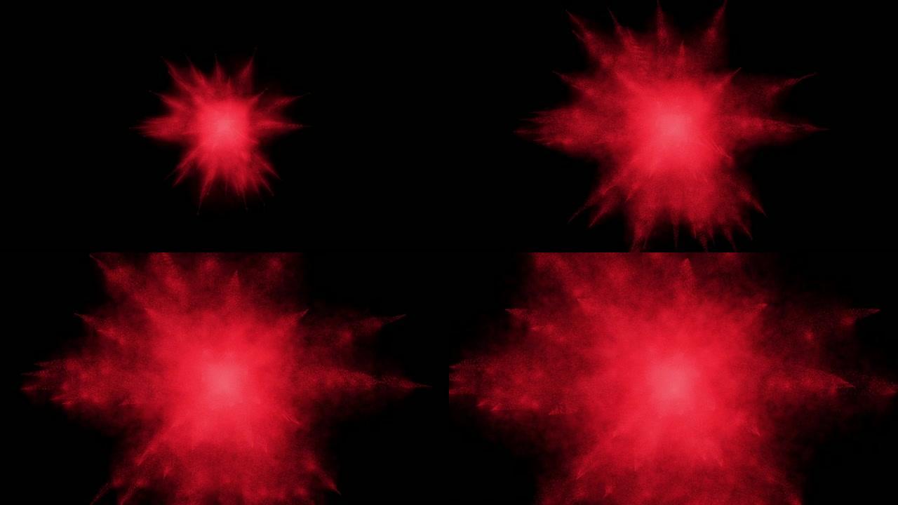黑底红粉爆炸的Cg动画。开始时带有加速度的慢动作。有阿尔法哑光