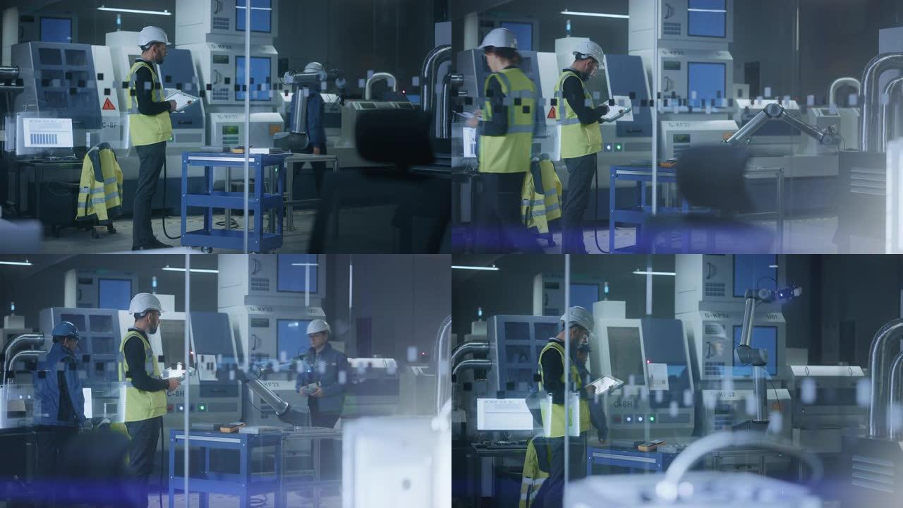 现代化工厂: 专业工程师穿着安全背心和安全帽，使用工业数字平板电脑编程和操纵机器人手臂，优化生产线。