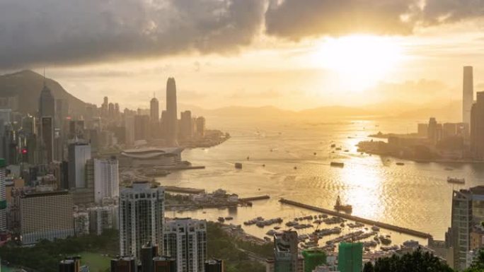 4k延时日夜香港城市景观天窗的俯视图场景，