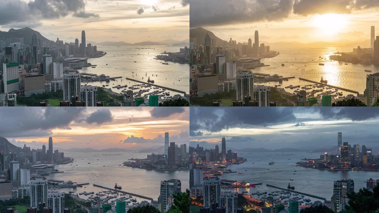 4k延时日夜香港城市景观天窗的俯视图场景，