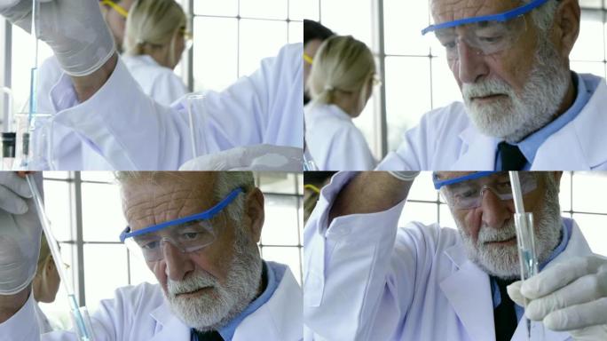 教授将液体滴在实验室的试管中。
