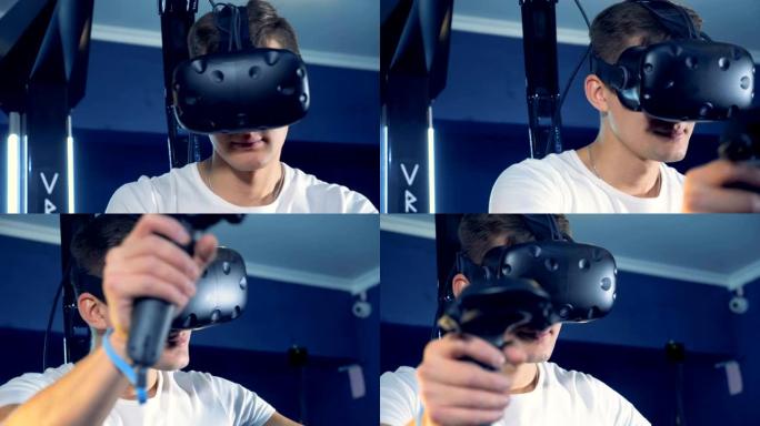 一个年轻人戴着虚拟现实耳机，玩360虚拟现实游戏。