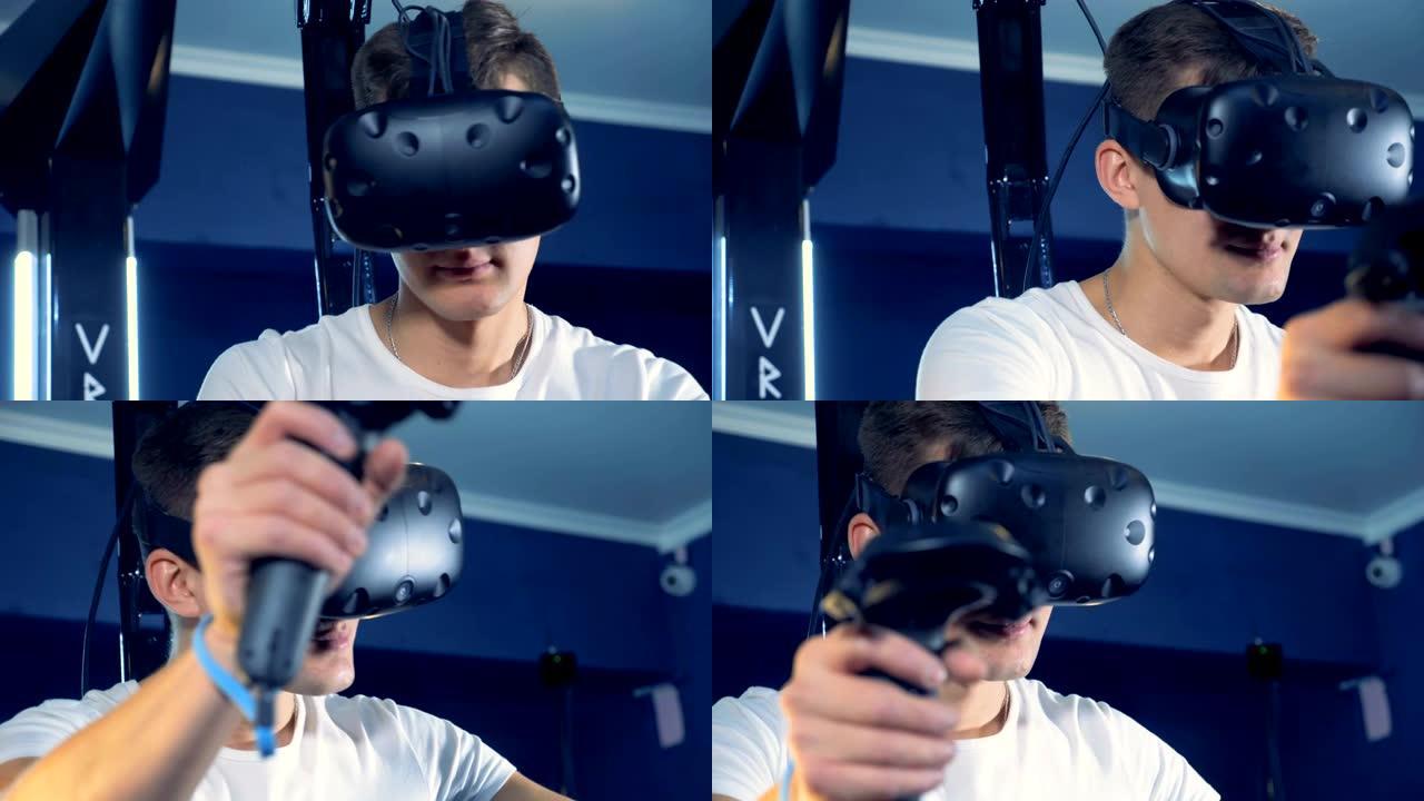 一个年轻人戴着虚拟现实耳机，玩360虚拟现实游戏。