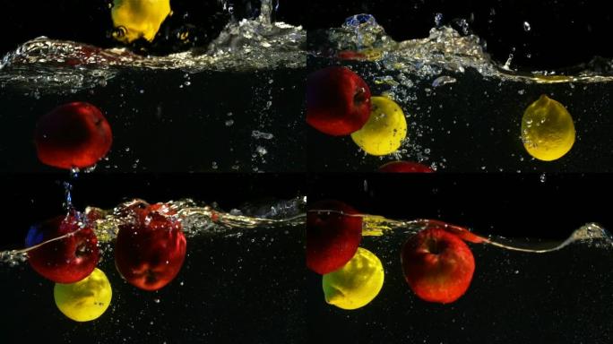 慢动作。水果落入水中。