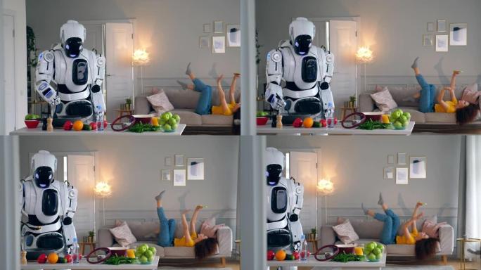 机器人正在为躺在沙发上的女士做饭