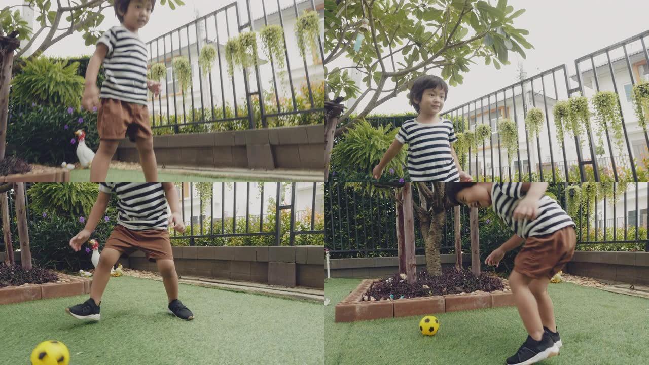 男孩投掷并踢球，在绿色草坪上奔跑