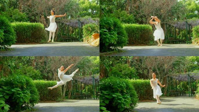 年轻的芭蕾舞演员在公园里跳舞4k