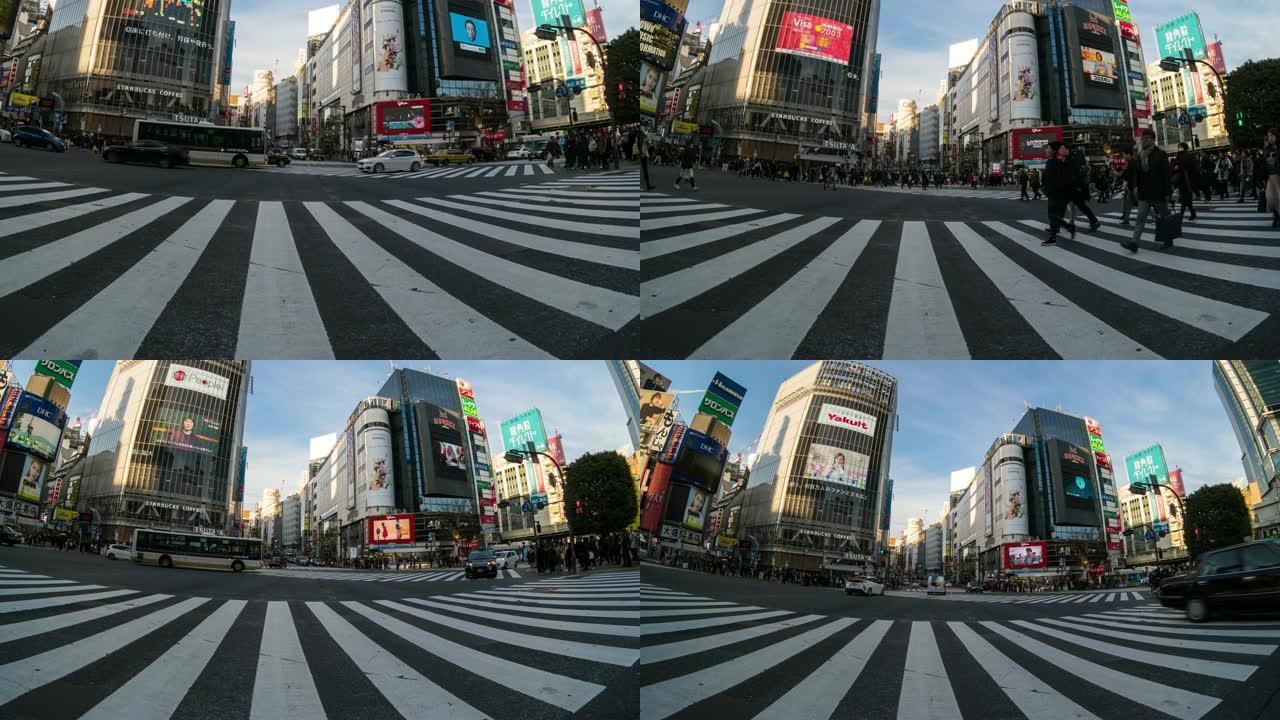 日本和外国游客的4k时间流逝在日本东京涩谷区的傍晚穿过人行横道，日本文化观念