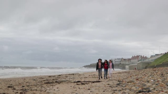 十几岁的女孩沿着多风的海岸散步