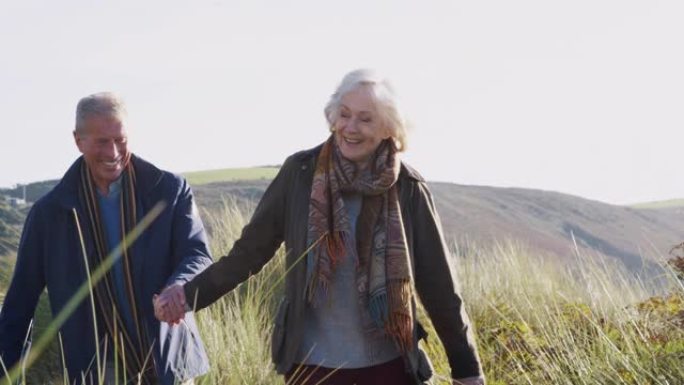 爱心活跃的老年夫妇携手走过乡村