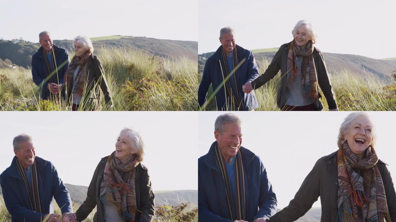 爱心活跃的老年夫妇携手走过乡村