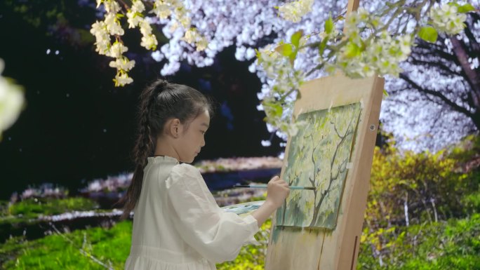 小女孩春天户外公园花园画画写生房地产广告