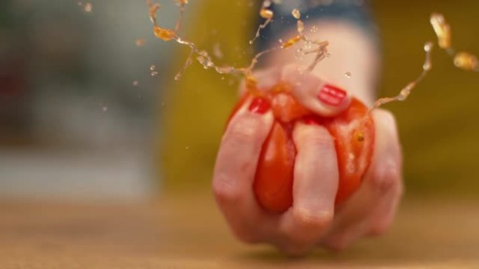 慢动作: 有机番茄挤压时在女厨师的手中爆炸。