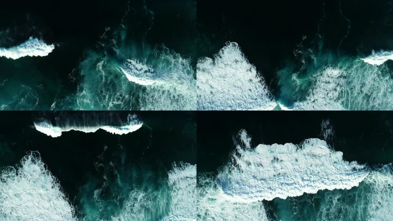 巨大海浪撞击和起泡的俯视图