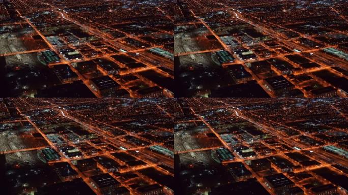 4k镜头场景高速公路高架城市景观，交通交叉口和道路在美国伊利诺伊州芝加哥的夜间高峰时间，交通和城市景