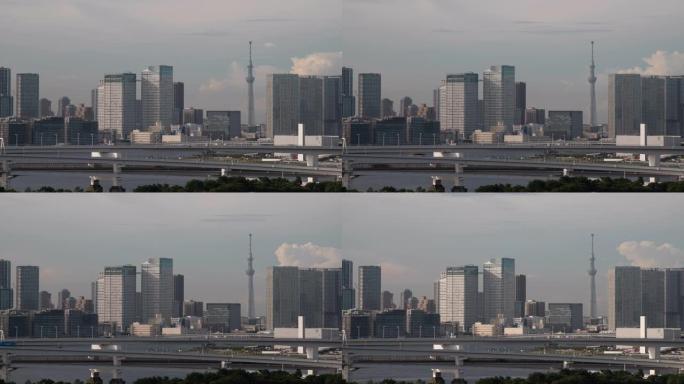 延时: 东京彩虹桥与东京晴空塔和日本天际线