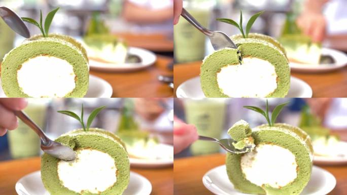 手工切割抹茶蛋糕日本甜点