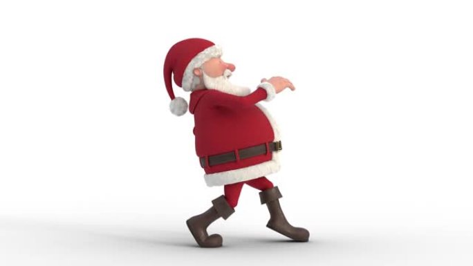 圣诞老人在白色背景上偷偷摸摸。无缝循环3d动画。侧视图