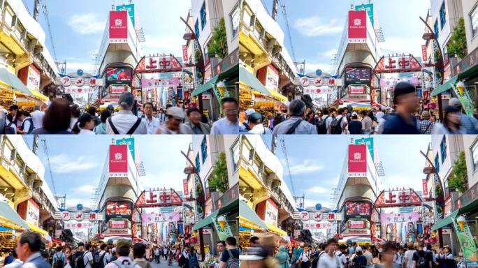 时间推移放大人群在日本东京上野阿美洋子市场散步和购物