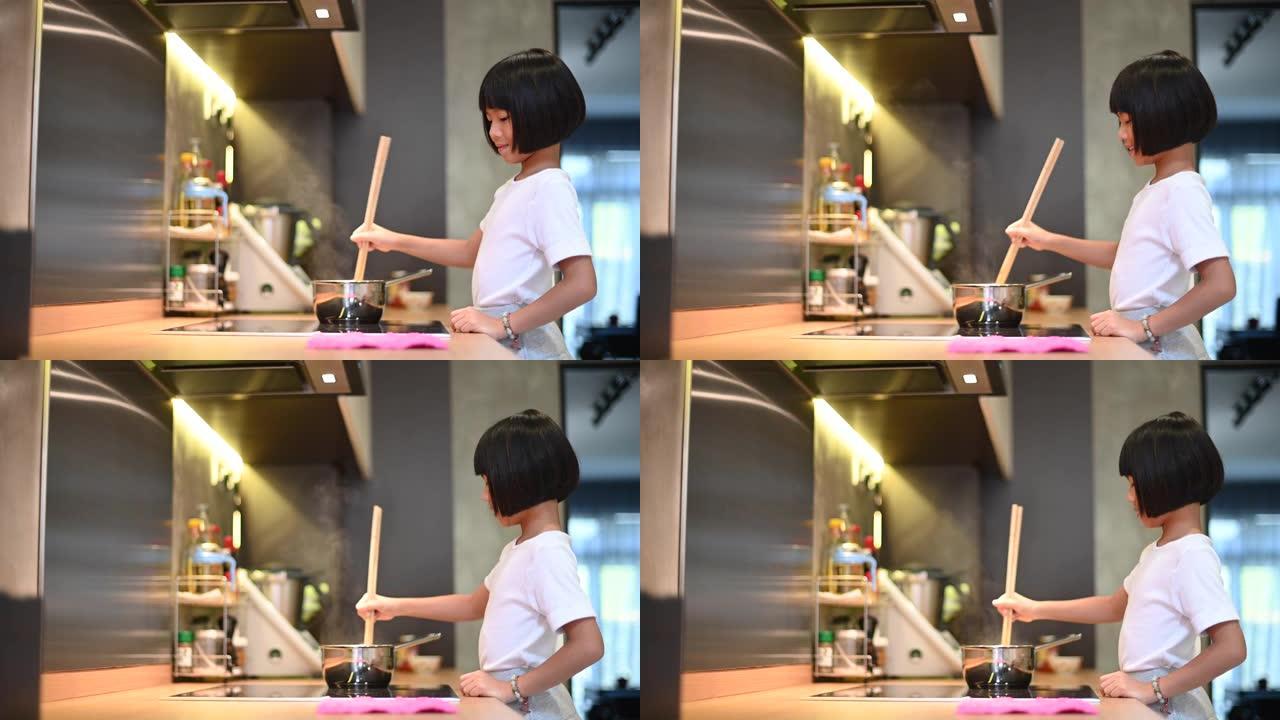 一个亚洲中国人在春季8岁女孩在家用厨房里煮面条，用厨房用具和锅吃午餐