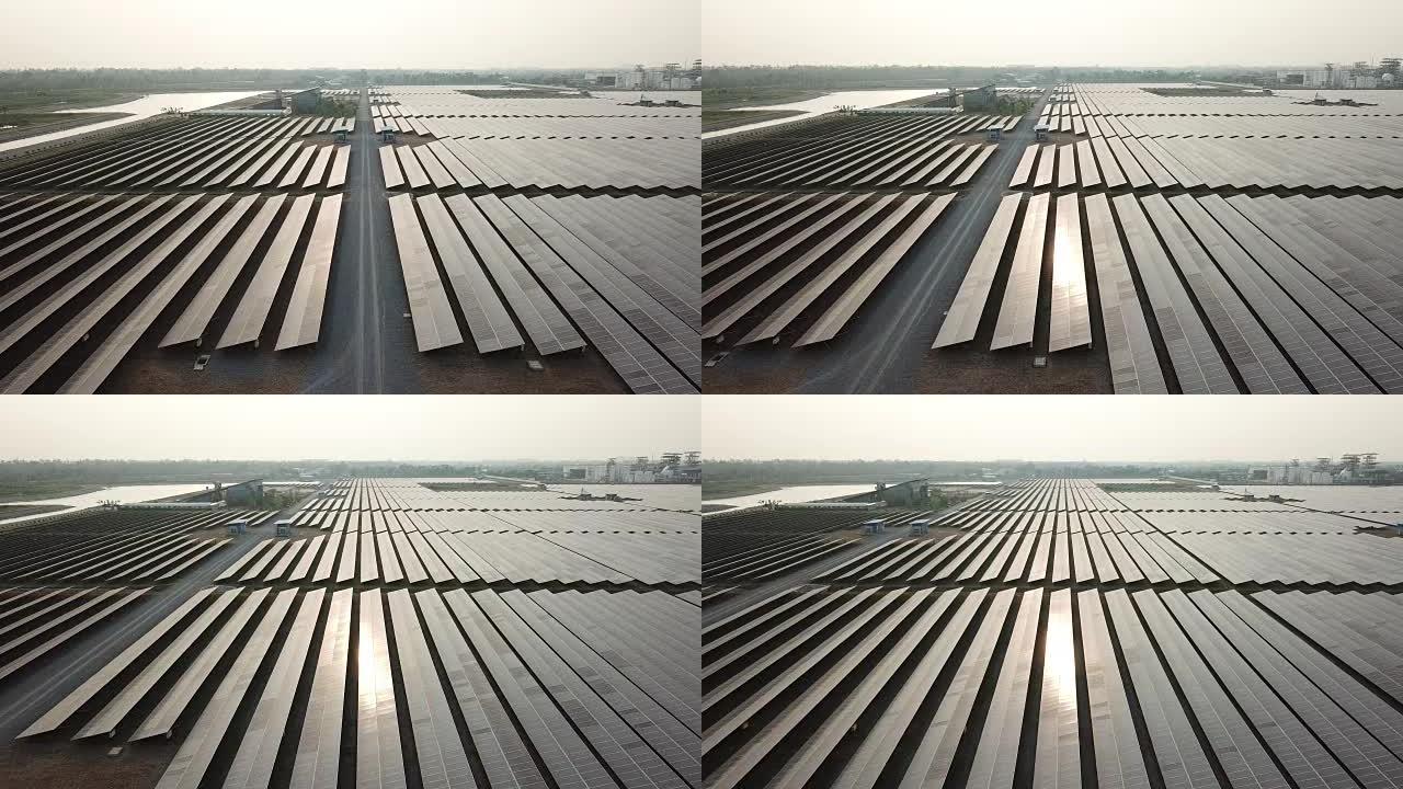 飞越大型太阳能农场的鸟瞰图