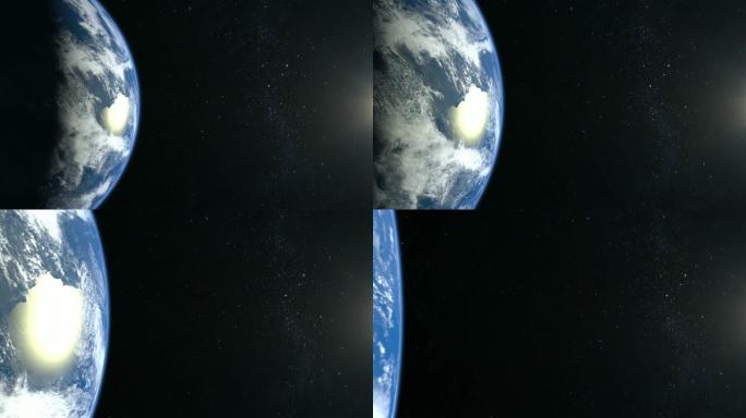 来自太空的地球。摄像机在地球附近向前飞行。星星闪烁。飞越地球。4K。地球缓慢旋转。现实的氛围。3D体