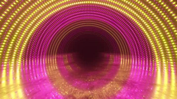 抽象运动背景。霓虹灯。发光点螺旋隧道。明亮充满活力的点。激光照明。粉色和黄色。反光金属刮擦纹理地板。