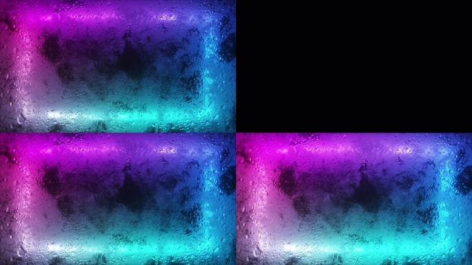明亮的霓虹灯矩形透过有雾的窗户闪烁。窗户上的一滴水。无缝循环3d渲染