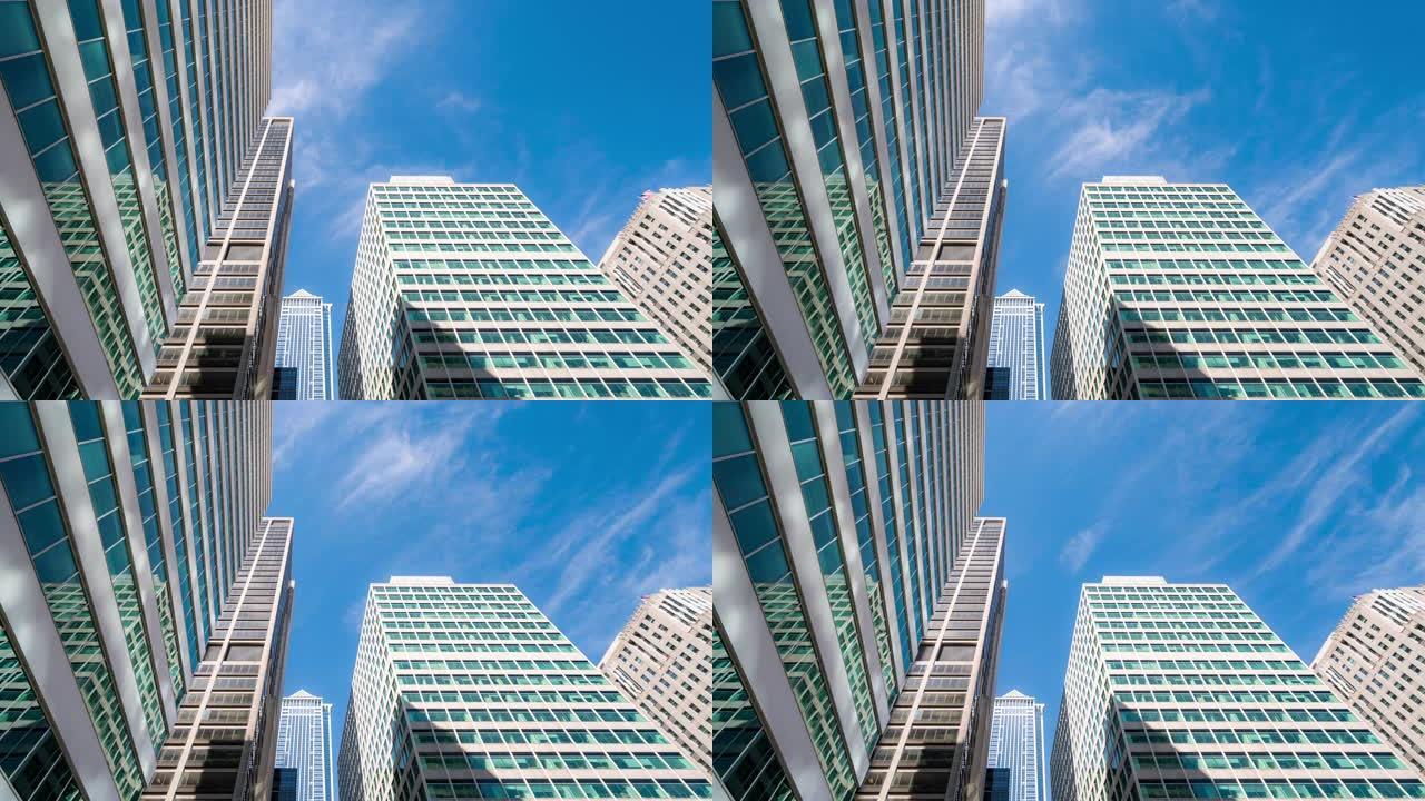 延时:低角度拍摄的摩天大楼在费城市中心的美国