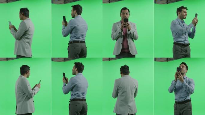 2-in-1绿屏拼贴:两个单独的男人穿着西装和商务休闲服，站着，使用智能手机。多角度最佳价值包360