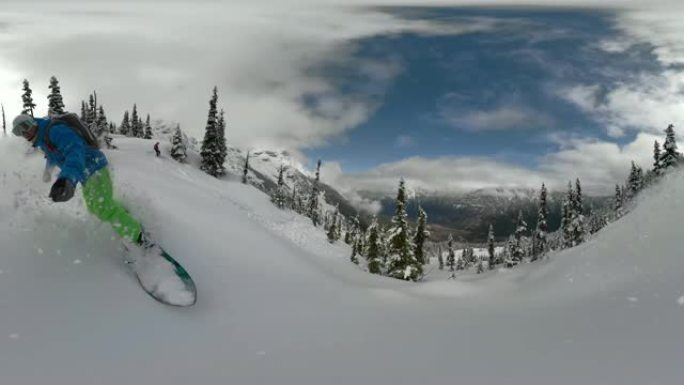 360VR: 专业滑雪者加速下坡，躲避白雪皑皑的云杉树。