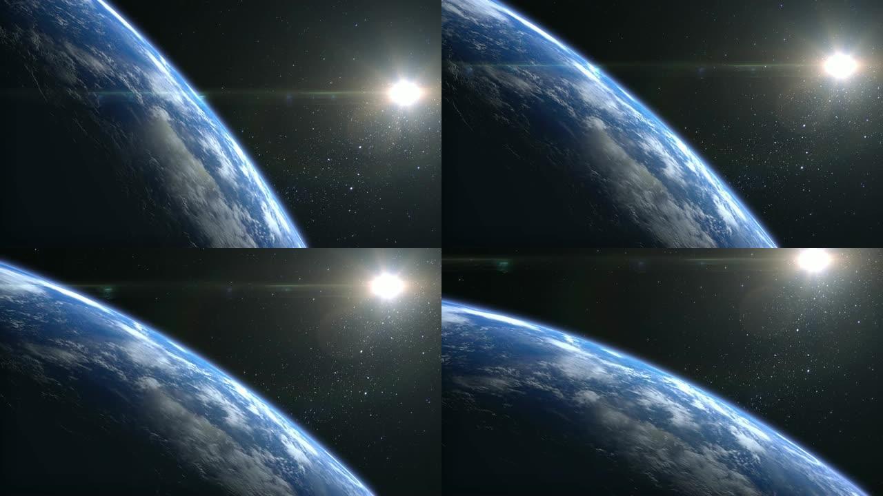 来自太空的地球。星星闪烁。飞越地球。4K.日出。地球缓慢旋转。现实的氛围。3D体积云。太阳在框架中。