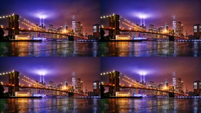 在光明中致敬。布鲁克林大桥。曼哈顿金融区