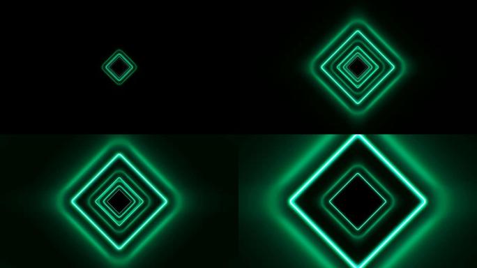 抽象美丽的方形隧道，霓虹灯线快速移动。绿色明亮的颜色。背景未来隧道与发光。循环3d动画艺术概念。
