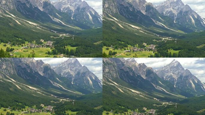 意大利小镇科尔蒂纳丹佩佐和多洛米特斯阿尔卑斯山的倾斜镜头。4K, UHD