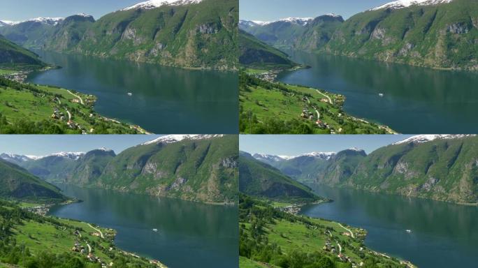 Aurland峡湾的平移镜头。挪威美丽的自然