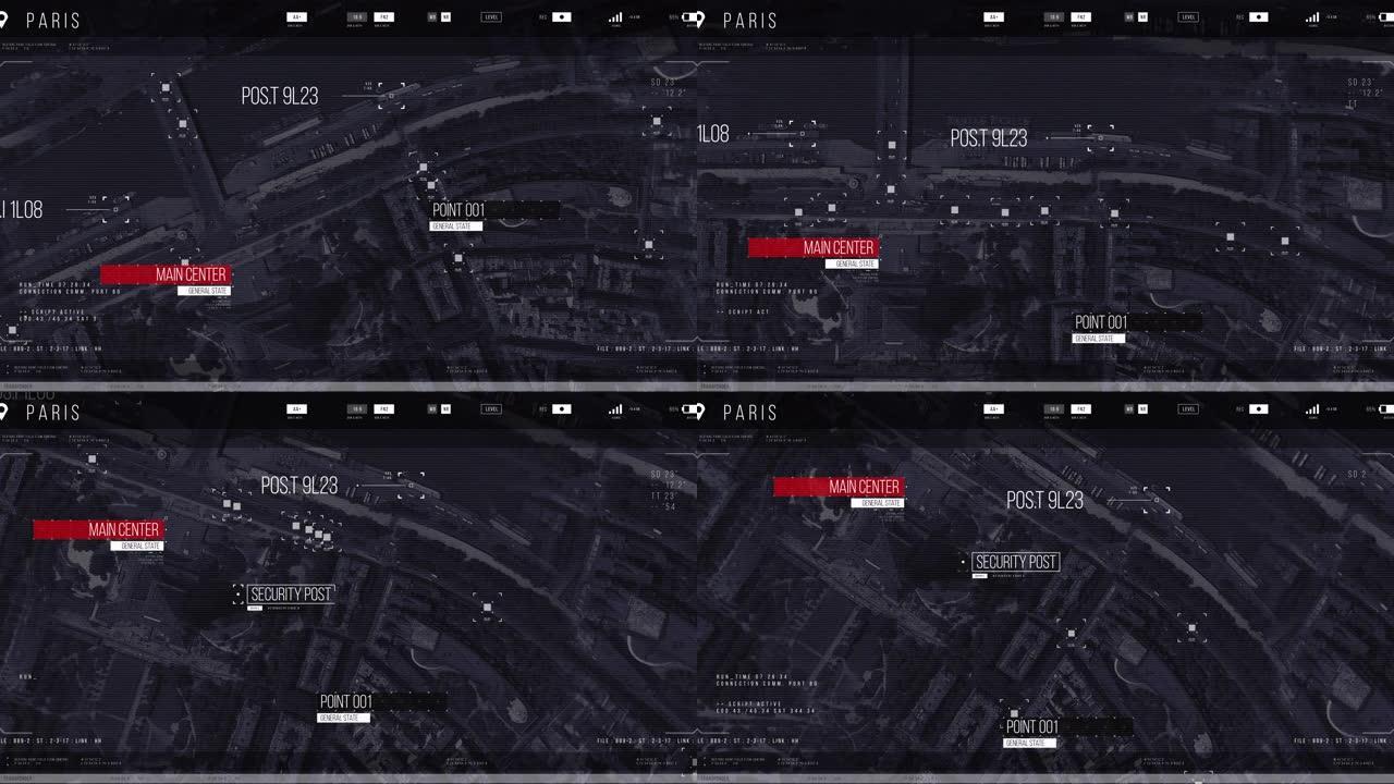 监视无人机或卫星摄像机扫描法国巴黎
