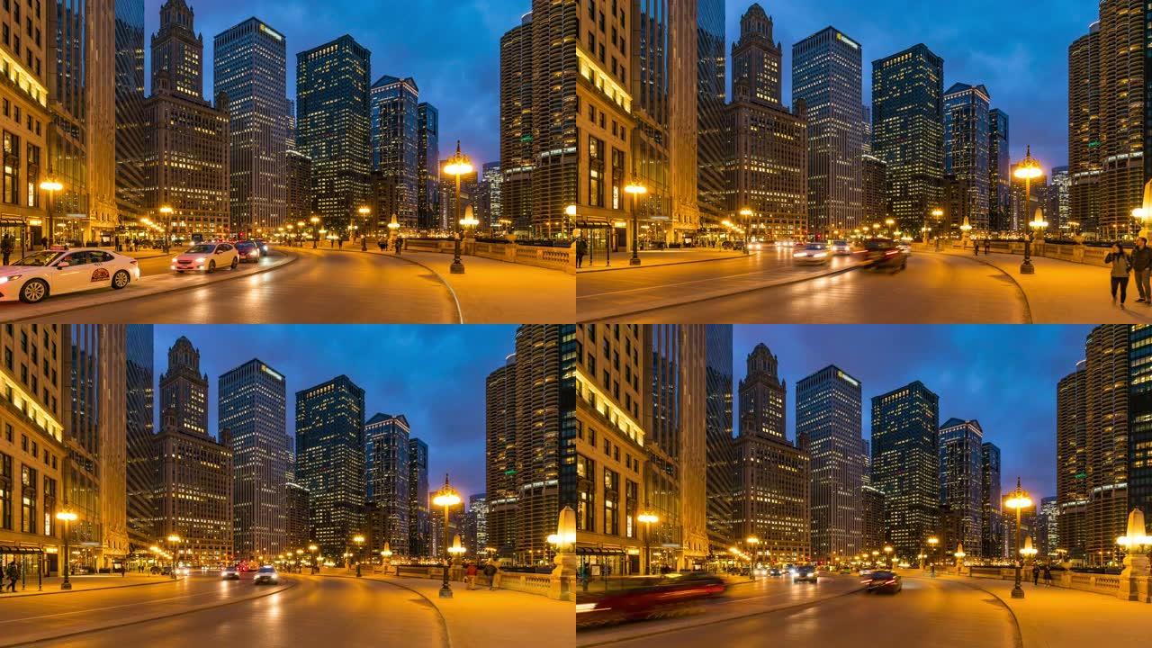 延时: 芝加哥天际线建筑位于市中心，芝加哥河位于美国伊利诺伊州壮丽英里附近，日落时分