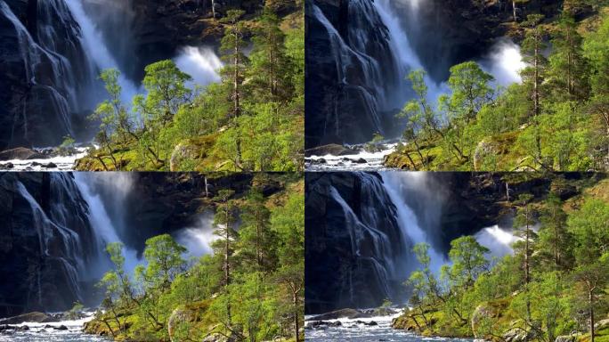 挪威的性质。哈丹格尔维达国家公园的Nykkjesoyfossen瀑布。缩小镜头