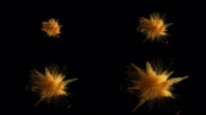 金色黄色粉末爆炸的超慢动作孤立在黑色背景上。超慢动作3d渲染